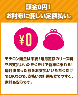 頭金0円！お財布に優しい定額払い。モチロン頭金は不要！毎月定額のリース料をお支払いいただくだけで新車に乗れる！毎月決まった額をお支払いいただくだけでOKなので、支払いの計画も立てやすく、家計も安心です。